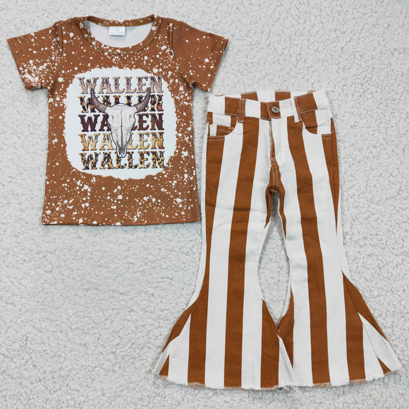 Cow Wallen Brown Jeans Girls Short Sleeve+Trousers Sets