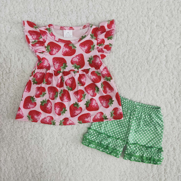 Strawberry Green Ruffles Girls Shorts Sets
