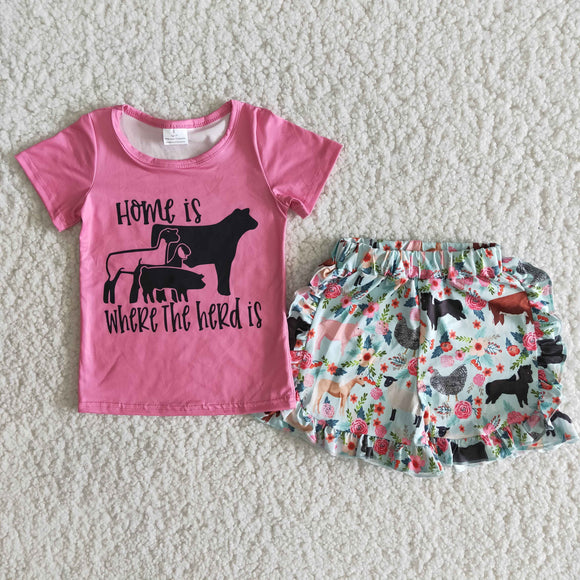 Promotional Farm Animals Hot Pink Girls Shorts Sets