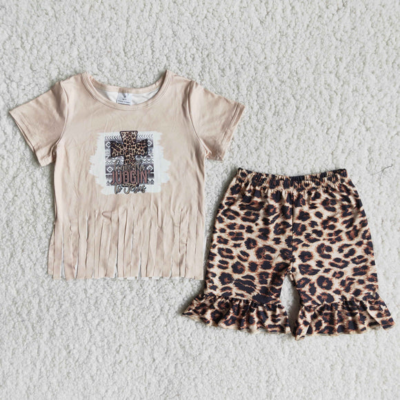 Promotional Cross Tassels Leopard Print Girls Shorts Sets