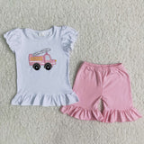 Fire Fighting Truck Embroidery Pink Girls Shorts Sets