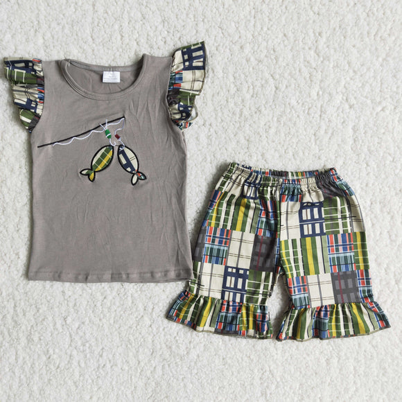 Fishing Embroidery Gray Girls Shorts Sets