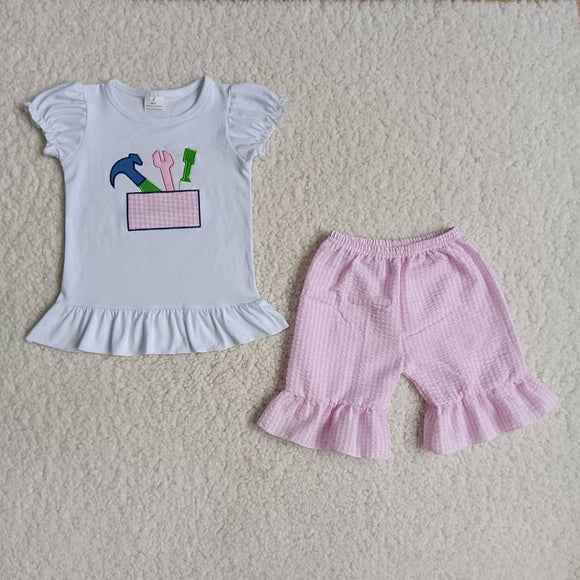 Promotional Tool Embroidery Pink Girls Shorts Sets