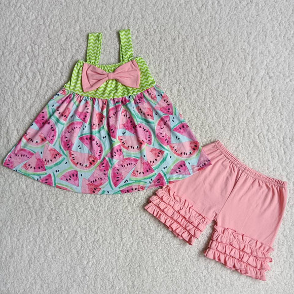 Promotional Watermelon Pink Bow Green Stripes Girls Shorts Sets