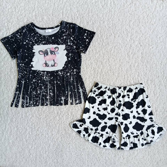 Promotional Cow Print Tassels Black Girls Shorts Sets