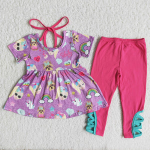 Promotional Cartoon Hot Pink Legging Girls Short Sleeve+Trousers Sets