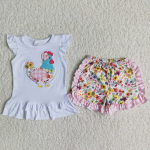 Promotional Chicken Embroidery Floral Girls Shorts Sets