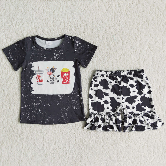 Food Chips Cow Print Black Girls Shorts Sets