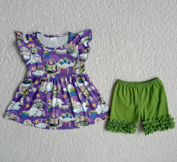 Promotional Cartoon Purple Green Girls Shorts Sets