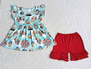 Cartoon Dogs Sky Blue Red Girls Shorts Sets