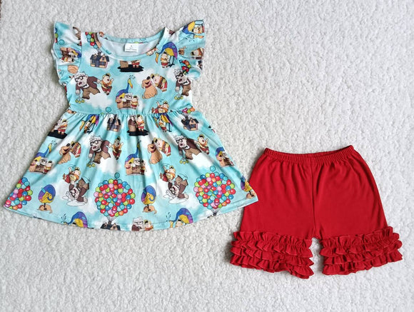 Cartoon Dogs Sky Blue Red Girls Shorts Sets