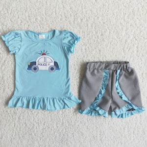 Promotional Police Car Blue Girls Shorts Sets
