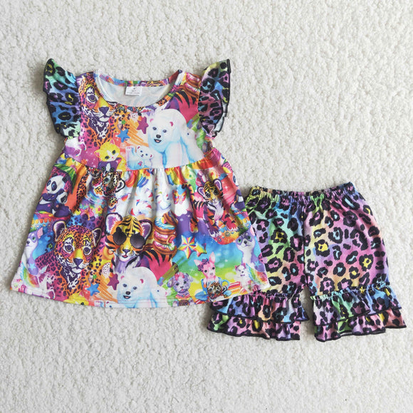 Promotional Cartoon Tiger Purple Leopard Print Girls Shorts Sets