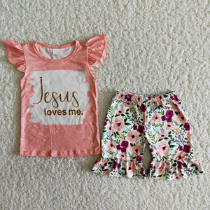 Promotional Floral Jesus Loves Me Girls Shorts Sets