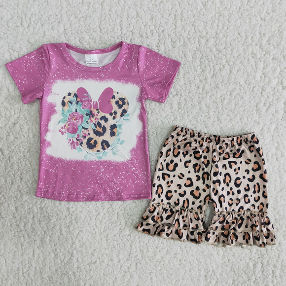 Promotional Cartoon Hot Pink Leopard Print Girls Shorts Sets