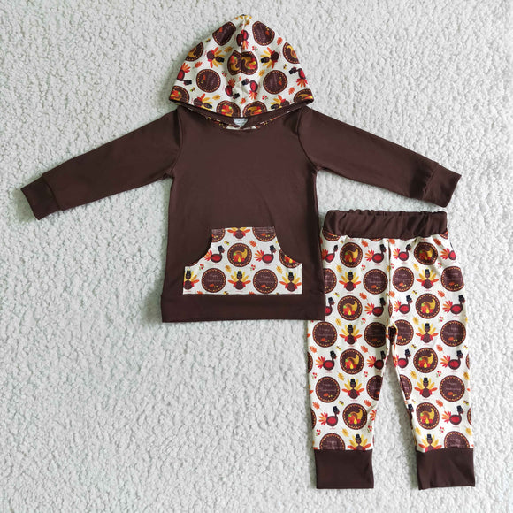 Promotional Turkey Brown White Hoodie Sets Boys Thanksgiving Outfits