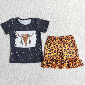 Promotional Cow Leopard Print Black Girls Shorts Sets