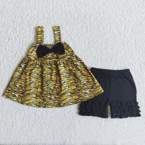 Promotional Black Bow Tiger Print Girls Shorts Sets