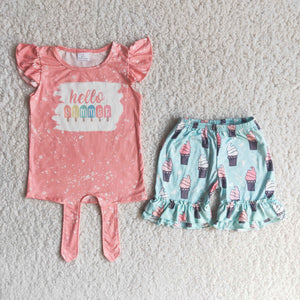Promotional Hello Summer Coral Criss-Cross Girls Shorts Sets