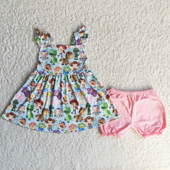 Cartoon Blue Pink Girls Shorts Sets