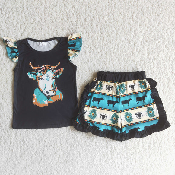 Promotional Cow Aztec Black Girls Shorts Sets