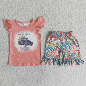 Promotional Coral Floral Truck Girls Shorts Sets