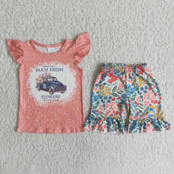 Promotional Coral Floral Truck Girls Shorts Sets
