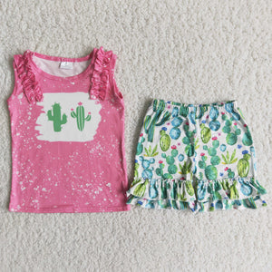 Promotional Cactus Pink Ruffles Girls Shorts Sets