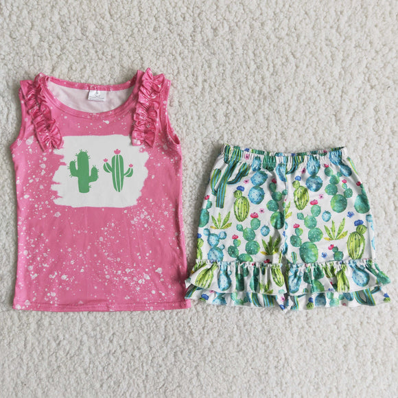 Promotional Cactus Pink Ruffles Girls Shorts Sets
