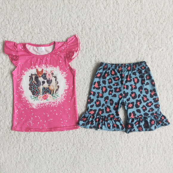 Hot Pink Cow Floral Girls Shorts Sets