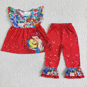 Cartoon Princess Red Girls Short Sleeve+Trousers Sets