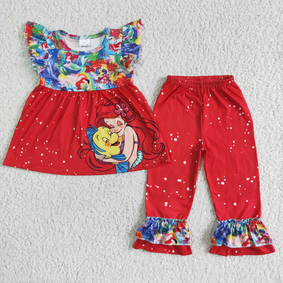 Cartoon Princess Red Girls Short Sleeve+Trousers Sets