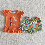 Promotional Cartoon Cats Reading Orange Girls Shorts Sets