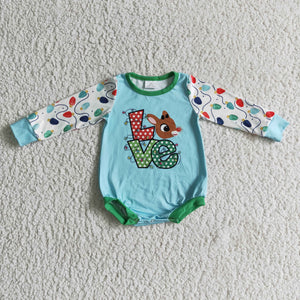 Love Reindeer Blue Green Girls Christmas Romper