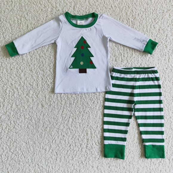 Promotional Tree Embroidery Green Stripes Boys Christmas Pajamas
