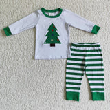 Promotional Tree Embroidery Green Stripes Boys Christmas Pajamas