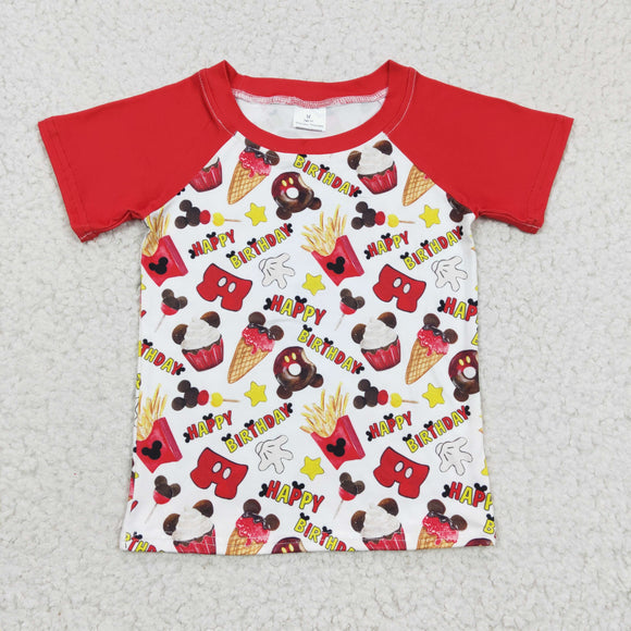 Cartoon Happy Birthday Red Boys Short Sleeve Top