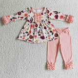 Promotional Pink Ruffles Floral Legging Girls Long Sleeve+Trousers Sets