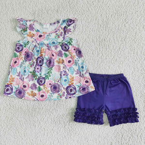 Promotional Purple Floral Girls Shorts Sets