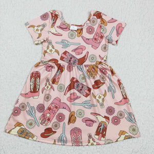 Promotional Highland Cow Cowgirl Boots Floral Pink Girls Short Sleeve Dress