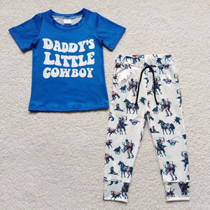 Promotional Daddy's Little Cowboy Blue Boys Short Sleeve+Trousers Sets