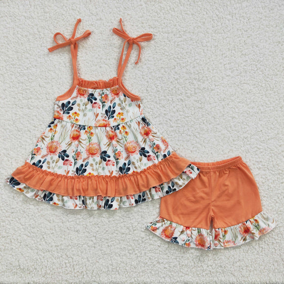 Promotional Floral Orange Ruffles Girls Shorts Sets