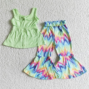 Promotional Unique Bow Green Tie Dye Girls Short Sleeve+Trousers Sets