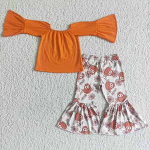 Promotional Solid Orange Cow Girls Long Sleeve+Trousers Sets