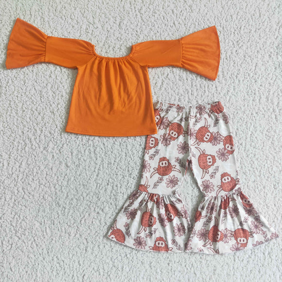 Promotional Solid Orange Cow Girls Long Sleeve+Trousers Sets