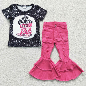 Let's go Cowgirl Hot Pink Jeans Girls Short Sleeve+Trousers Sets