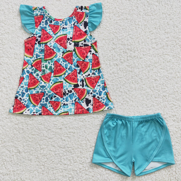Promotional Watermelon Sky Blue Bow Girls Shorts Sets
