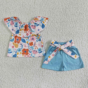 Floral Pink Sky Blue Girls Shorts Sets