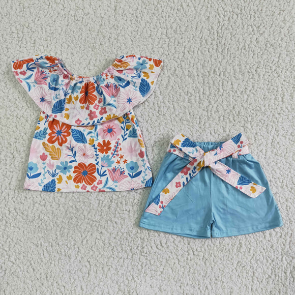 Floral Pink Sky Blue Girls Shorts Sets