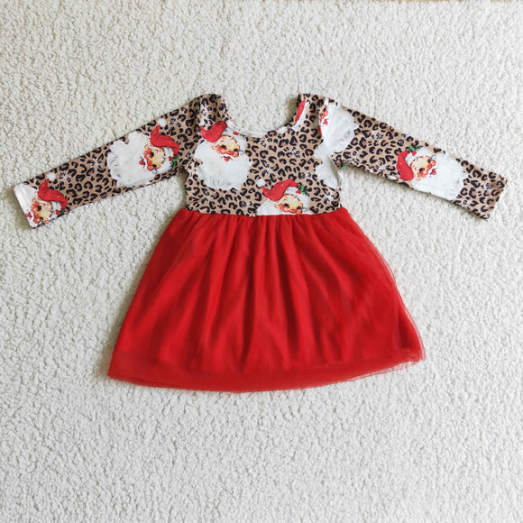 Promotional Santa Red Gauze Leopard Print Girls Christmas Dress